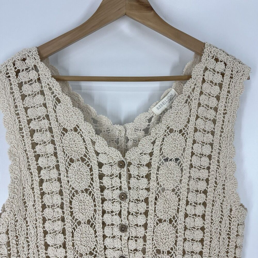 Rebellion Vest Size Small Ivory Crochet Fringe Boho Hippie Festival Cottagecore - Picture 2 of 9